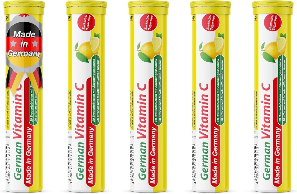 T&D Deutsches Vitamin C 180 mg - 40 Vegan Drink Effervescent Tabletten - Lemon Lime Flavor - Made in Germany