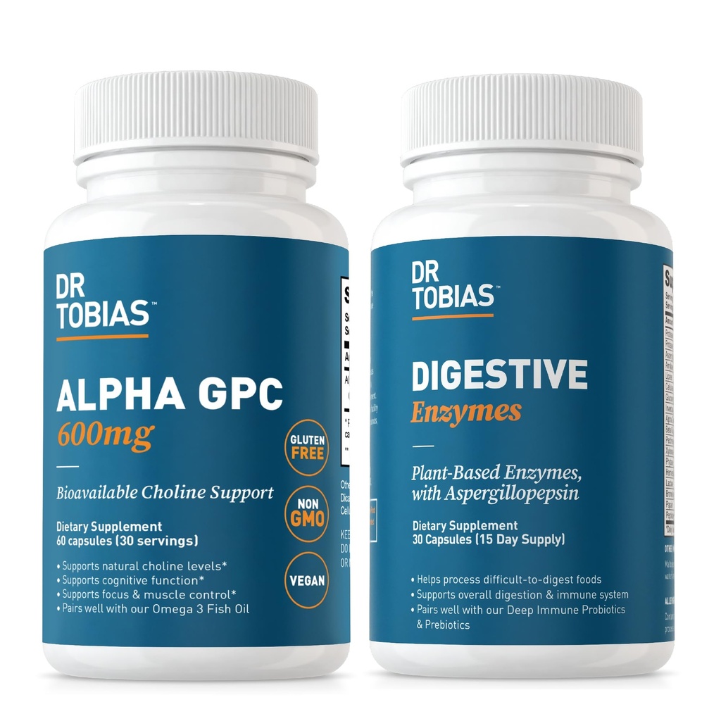 Dr. Tobias Alpha GPC & Digestive Enzymes - Support Cognitive Function & Everyday Gut Health with Bio available Choline Supplement & Premium Enzymes for Digestion, Non-GMO