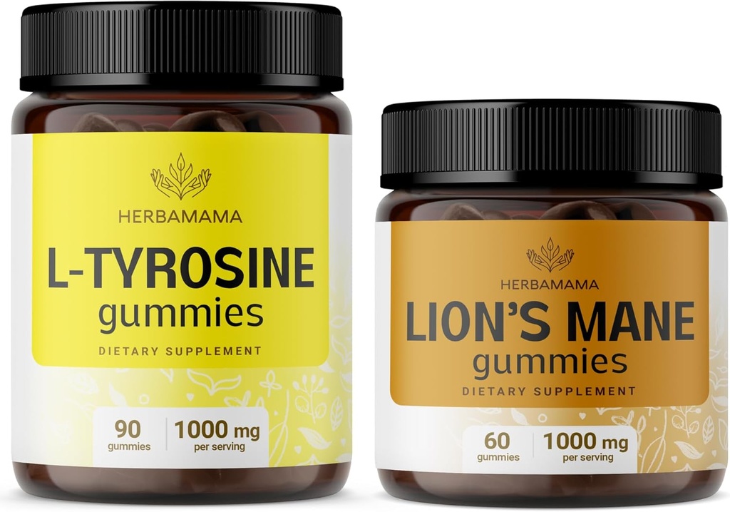 HERBAMAMA L-Tyrosine und Lion's Mane Kit - Bundle von 1000 mg L-Tyrosine & 1000 mg Lion's Mane Gummis - Vegan, Non-GMO, Gelatin-Free - 2 Pack