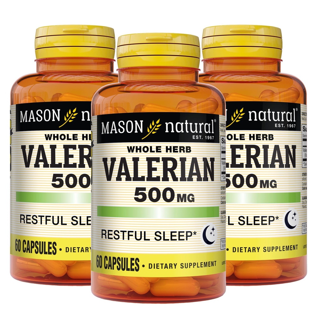 MASON NATURAL Valerian Root 500 mg, 6 Monate Versorgung, natürliche Schlafhilfe, fördert gesunden Schlaf, Kräuterergänzung, 3 Pack