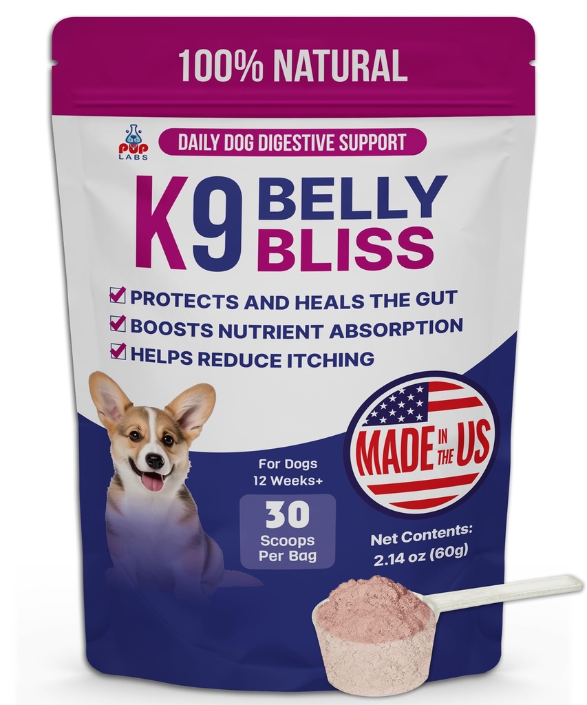 K9 Belly Bliss, All-Natural Gut Health for Dogs, Vet ha approvato Prebiotico per i cani per il supporto digestivo giornaliero e la costipazione del cane, facile da usare Topper per il cibo asciutto e bagnato, 30 Scoops.