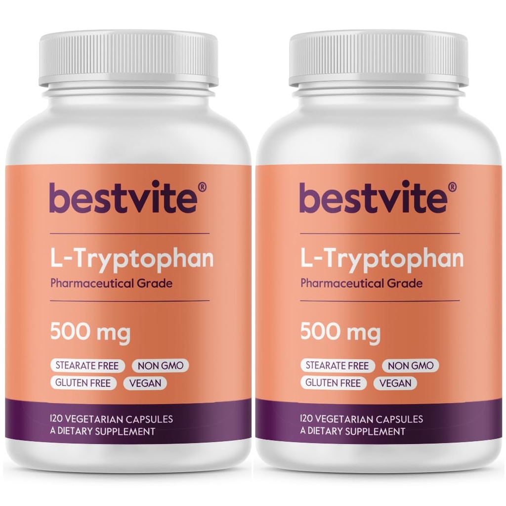 BESTVITE L-Tryptophane 500 mg par gélule (240 gélules végétariennes) (2 boîtes) - Pas de stéarate - Pas de silice - Pas de gélatine - Vegan - Sans gluten - Non OGM