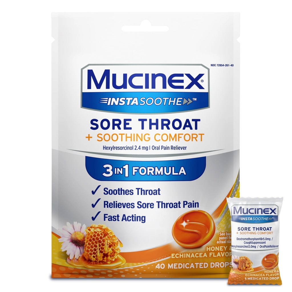 Mucinex Instasoothe Sore Throat Relief Tropfen, Sore Throat Lozenges, Sore Throat Medizin mit Hexylresorcin, Cough Drops Alternative, Honey & Echinacea Flavor, 40 ct