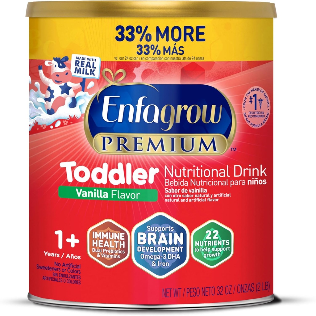 Enfagrow Premium Toddler Nutritional Drink, Natural Vanilla Flavor, Omega-3 DHA per il supporto cerebrale, Prebiotici e vitamine per la salute immunitaria, Non OGM, Polvere Can, 32 Oz (Pack of 1