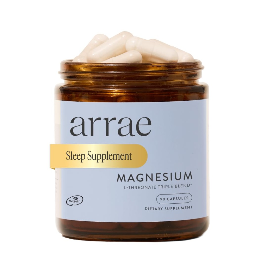 Arrae Magnesium Supplement, Magnesium Glycinat, Citrat & L-Threonat, 250 mg, Unterstützung Mood, Schlaf, Nerven und Muskeln,90 Kapseln