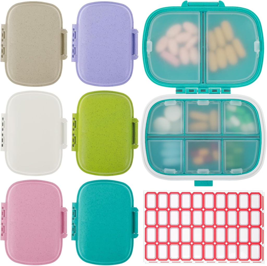 6 Pack Travel Pill Organizer 8 scomparti Portatile Pill Case con etichetta Piccolo contenitore per pillole per Pocket Purse Medicina Dispenser di stoccaggio della vitamina impermeabile Holder pillola