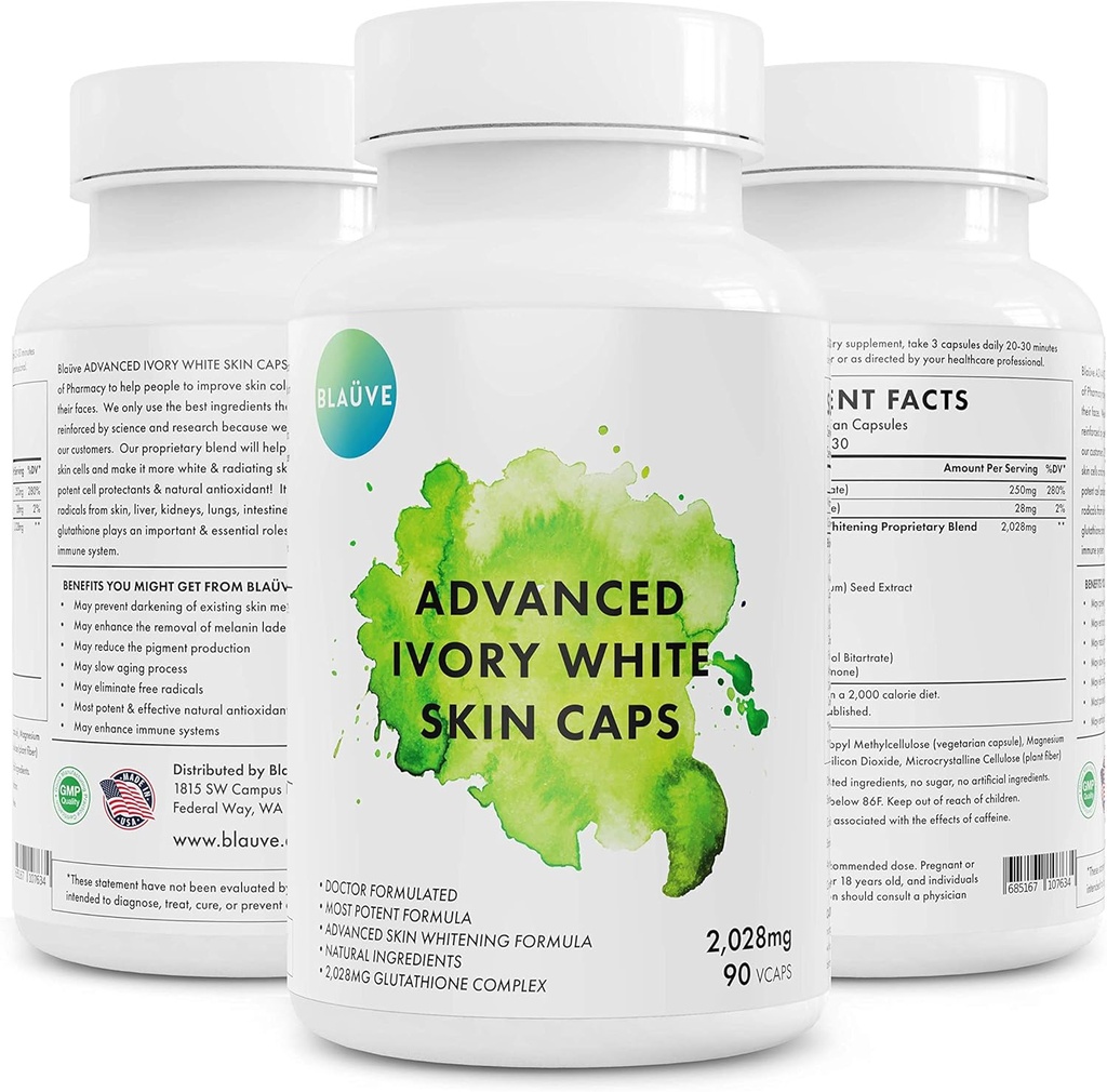 Caps de peau blanc ivoire évolué- Potence maximale 2028 mg Blanchiment de peau de glutathione 90 Capsules- GSH - Meilleur Blanchiment- Blanchiment/éclaircit votre peau tonique-Natural Dark Spot Deleter-Doctor Formulé