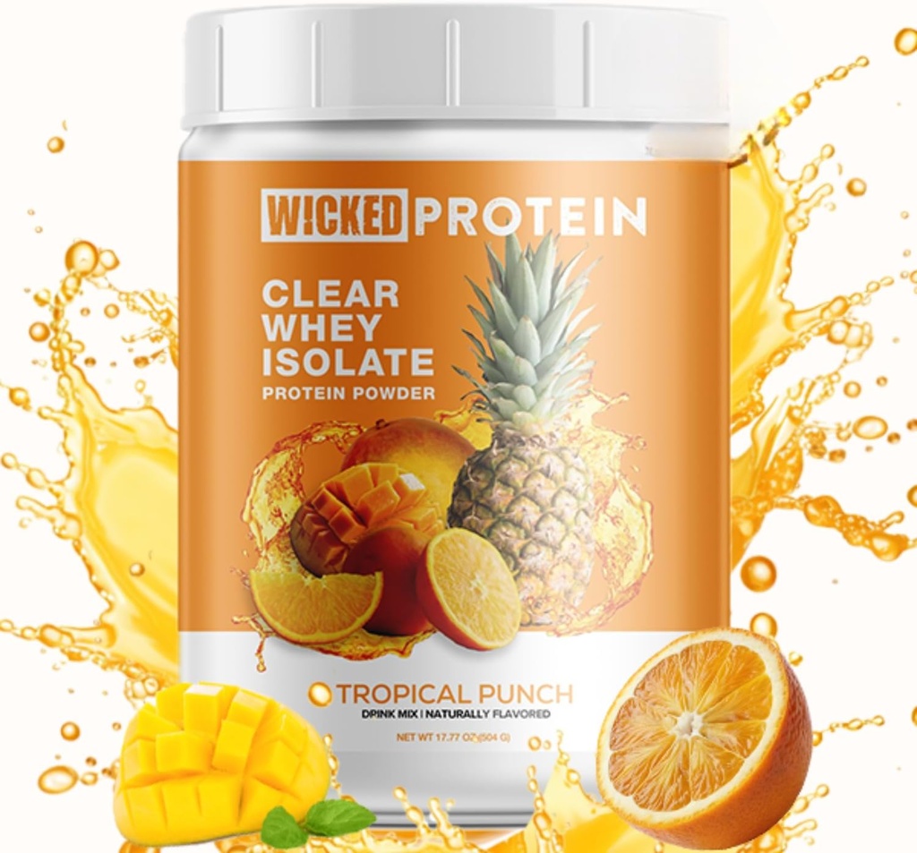 Polvere proteica WICKED, Isolato di siero chiaro, 23g Protein, 95 Calorie, Succo rinfrescante, Progetto di etichetta pulita Certificato, Gluten Free, Ripristino post allenamento, Proteine per le donne e gli uomini (Punto tropicale)