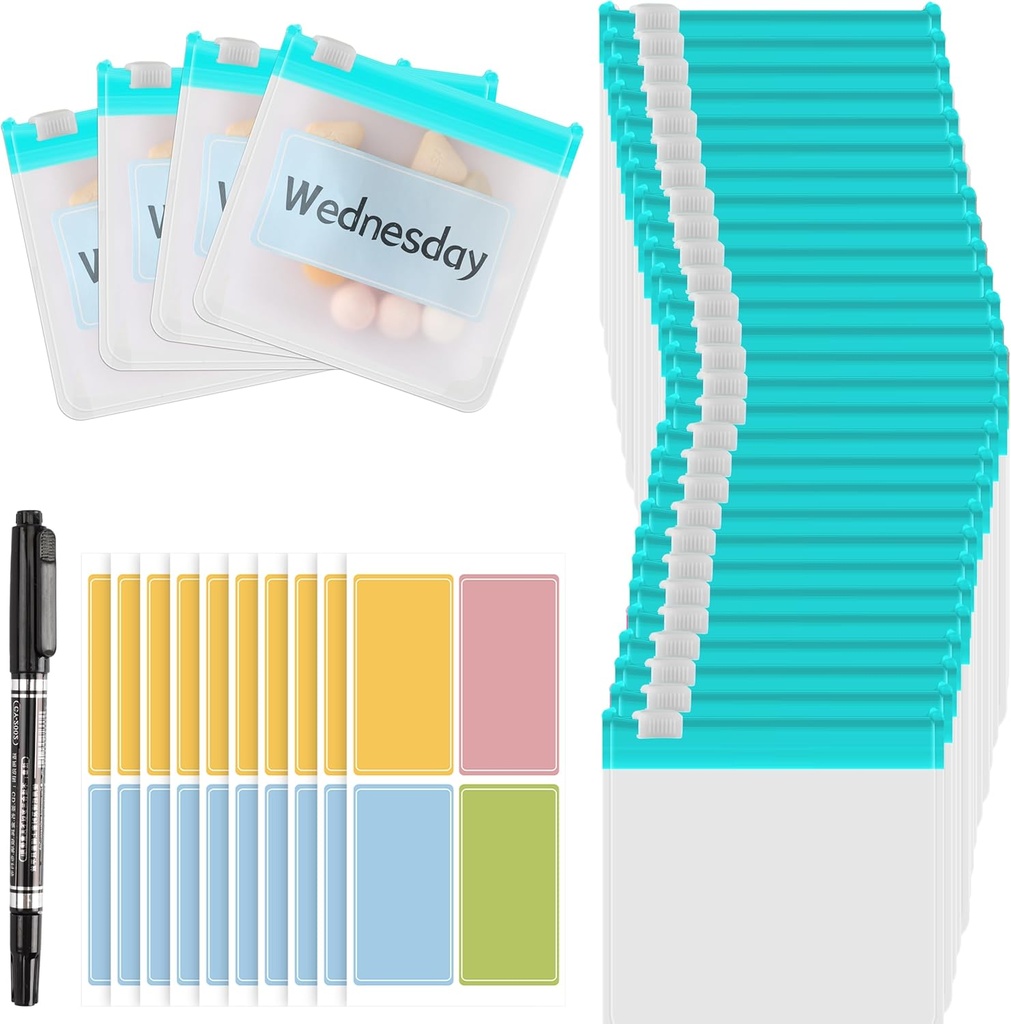 MARFOREVER 39 Pcs Pill Pouch Taschen, Wiederverwendbare Medizin Taschen Pillentaschen Zippered Medizin Pakete Reisen Pille Organizer 28 Stk Kunststoff Pillen Taschen mit Schiebeschloss 10 Blatt Etiketten und 1 Stk Marker