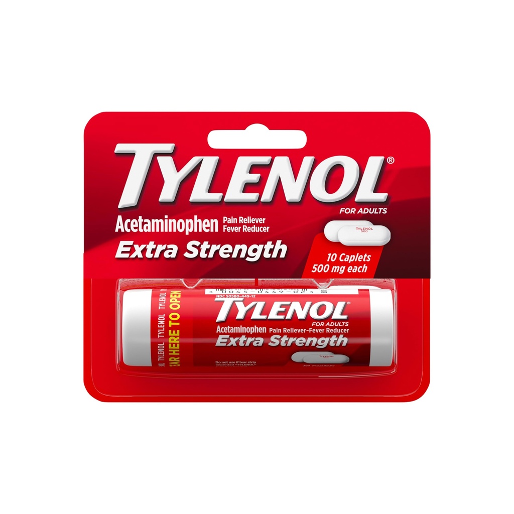 Tylenol Extra Strength 500 mg Caplets d'acétaminophène, analgésique et réducteur de fièvre, acétaminophène pour arthrite mineure Douleur, maux de tête, maux de dos et de dents, taille du voyage, 10 ct