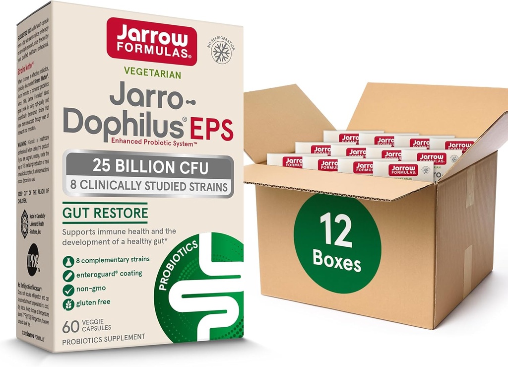 Jarrow Formulas Jarro-Dophilus EPS Probiotics 25 miliardi di CFU per il supporto del tratto intestinale, integratori di probiotici di salute di Gut per le donne e gli uomini, 60 capsule di verdure, fino a un rifornimento di 60 giorni, 12 pacchetti