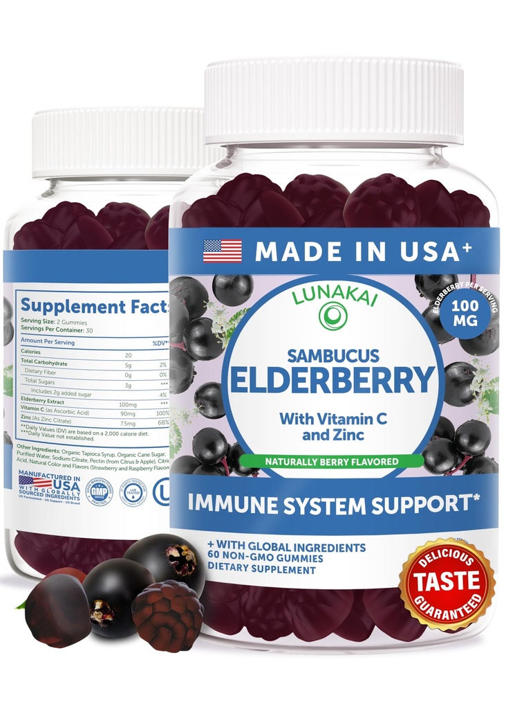 Lunakai USA Made Black Sambucus Elderberry Gummis für Erwachsene & Kinder mit Vitamin C & Zink - Immununterstützung, Antioxidantien, Non-GMO, 60 Gummis