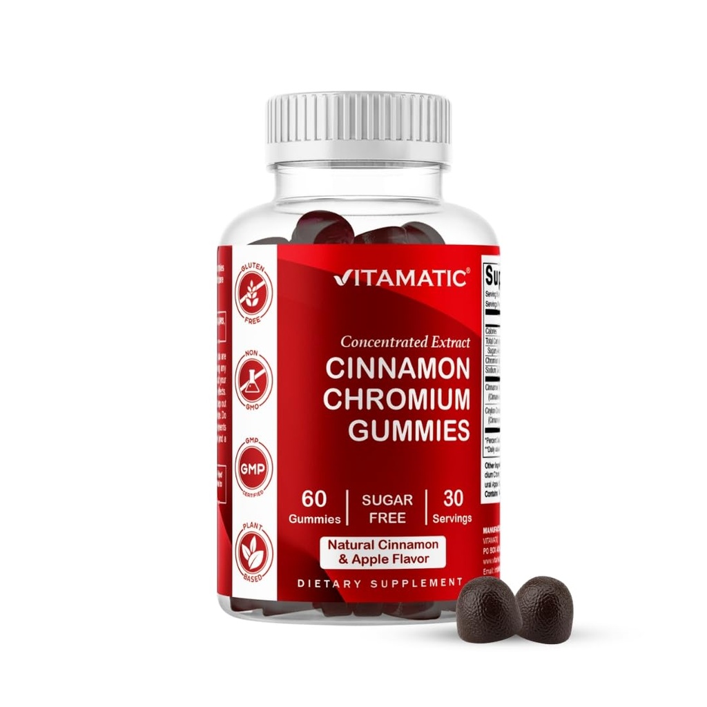 Vitamatic Sugar Free Chromium Gummis mit Ceylon Cinnamon – 2000 mg Equivalent Per Serving (aus Extrakt 83 mg) – Non-GMO, Glutenfrei – 60 Vegan Gummis
