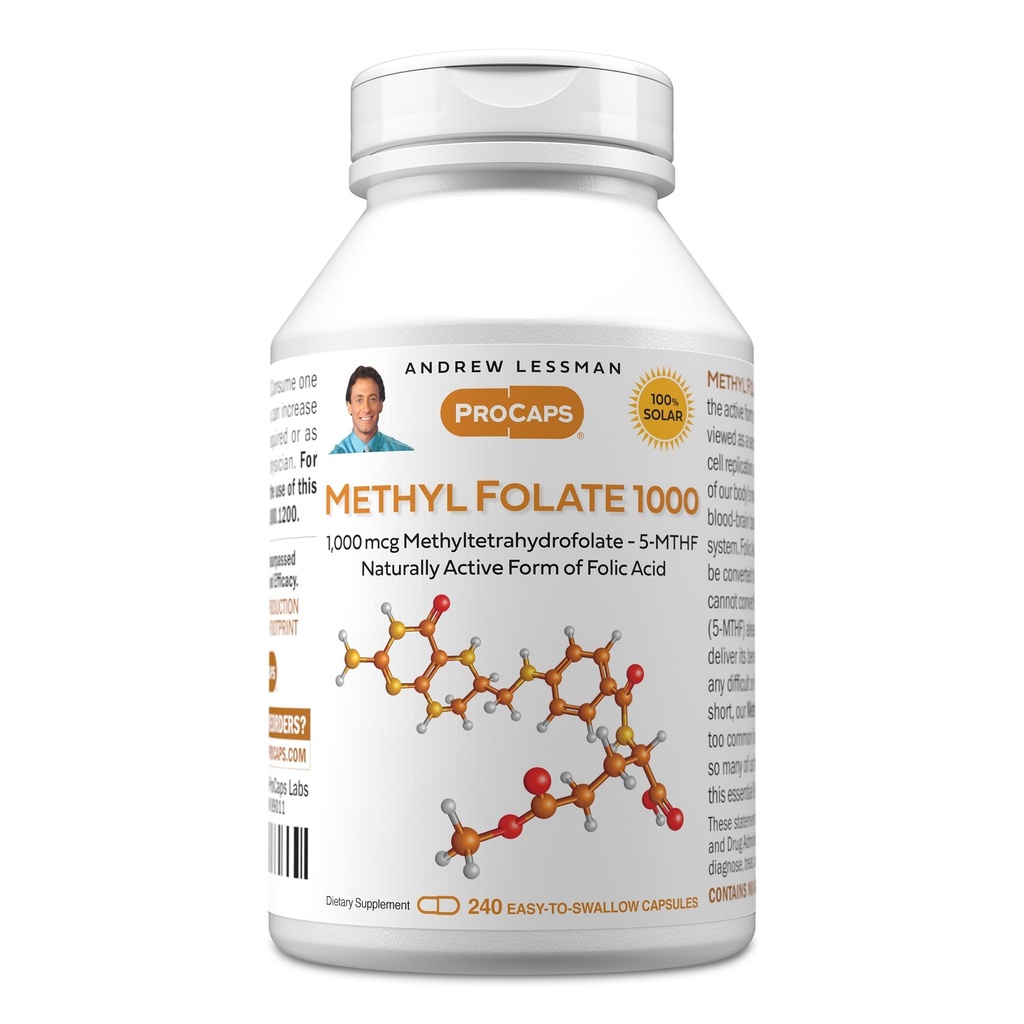ANDREW LESSMAN Methyl Folate 1000mg - 240 Capsule - 1000 mcg L-Methyl Folate, Potent Levels of Essential Vitamin B9. Supporta cuore sano, cervello, immuno e gravidanza. Capsule facili da ingoiare