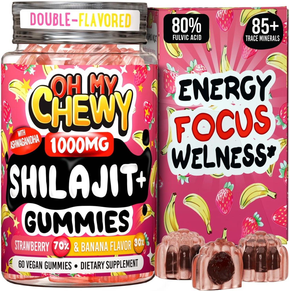 Pure Himalayan Shilajit Gummi - High Potency Gold Grade Harz - Energie Boost und Immununterstützung für Männer und Frauen mit Ashwagandha und Shatavari - 60 Gummy - Erdbeere & Banana