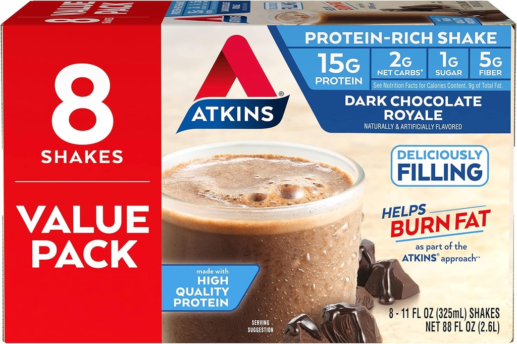 Atkins Gluten Free Protein-Rich Shake, Dark Chocolate Royale, Keto-Friendly, 8 Count (Pack von 1)
