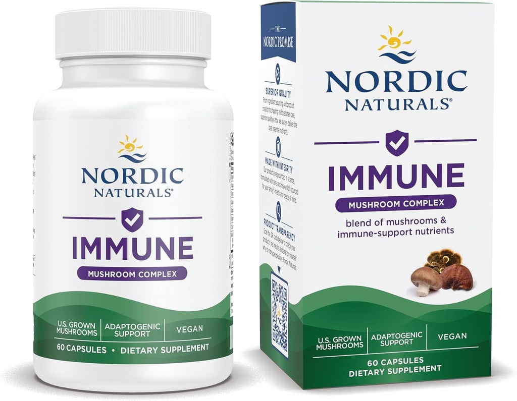 Nordic Naturals Immune Pilz Complex, Unflavored - 60 Kapseln - Adaptogenic Support - Multi-Mushroom Blend - Optimale Wellness - Non-GMO - Certified Vegan - 30 Servietten