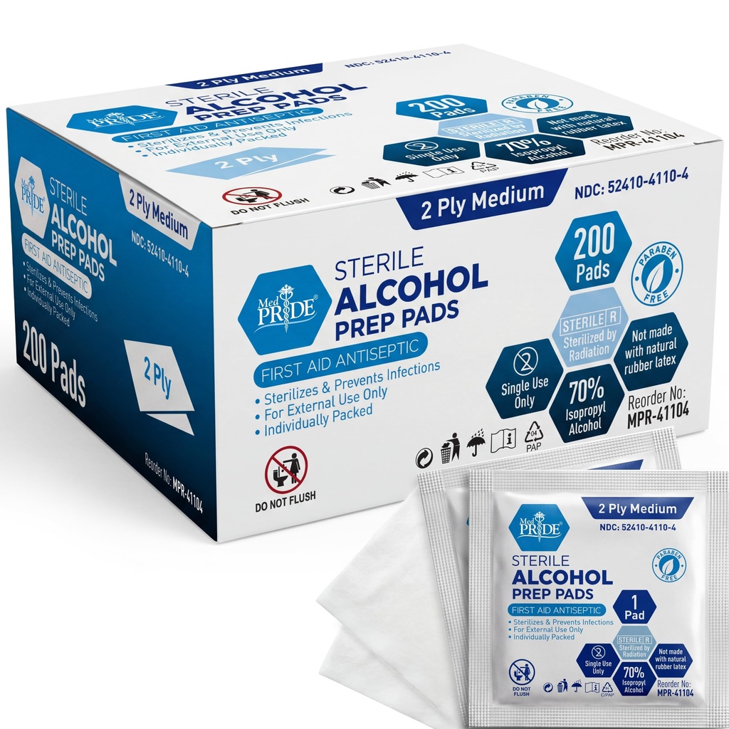 MED PRIDE Sterile Alkohol Prep Pads, Antiseptic, 70% Isopropyl, Individuell Wrapped, Medical Grade 2 Ply Wipes (200 Count (Pack von 1) Weiß)