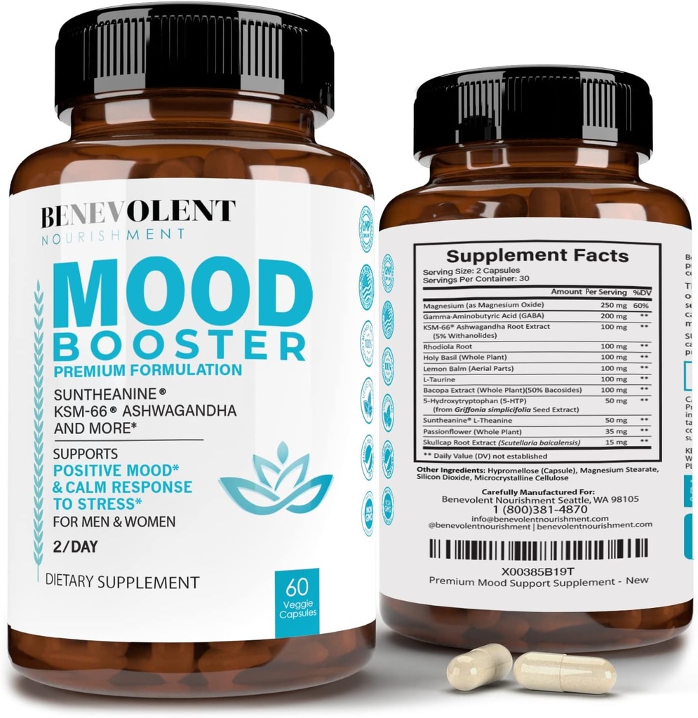 Calm Mood Booster Supplement - Natural Happy Pills for Stress, Sleep & Mood Support - Brevettato KSM-66® Ashwagandha & Suntheanine® L-theanine, Rhodiola Rosea, Magnesium - 60 Count