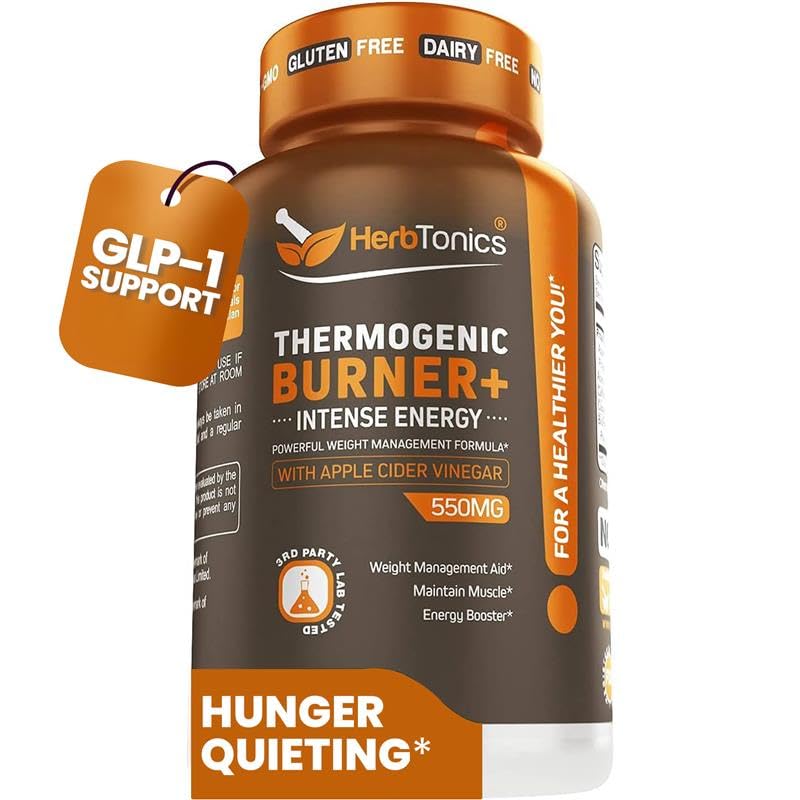 Herbtonics Thermogenic Burner + vinaigre de cidre de pomme – Supplément de gestion du poids pour les femmes et les hommes, soutient la gestion de l'appétit, le métabolisme et l'énergie, 60 capsules végétariennes