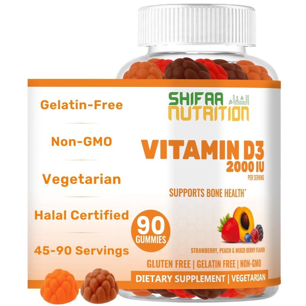 SHIFAA NUTRITION Vitamina vegetariana D3 Gummies per adulti e bambini | 45-90 Serve, 2000IU / 1.000IU | Non OGM, senza glutine, senza gelatina-Free | Supporta ossa, muscoli e vitamine del sistema immunitario