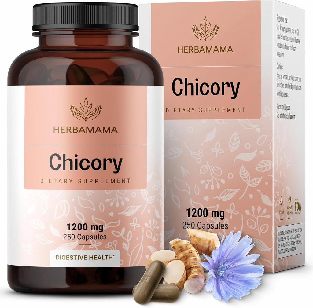 HERBAMAMAMA Chicory Root Fiber Capsule - 1200mg Chicory Root Polvere per Gut Cleanse & Digestive Support - Vegan, Non-GMO Inulin Prebiotic Fiber Supplement