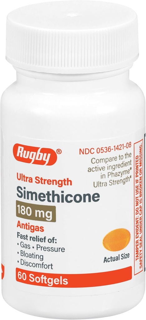 Rugby Ultra Strength Simethicone Gas Relief 180 mg - Relief de gaz maximal pour les adultes - Peut aider avec les symptômes de flatulence, de ballonnement, de plénitude de gaz - 60 Softgels (1 Pack)