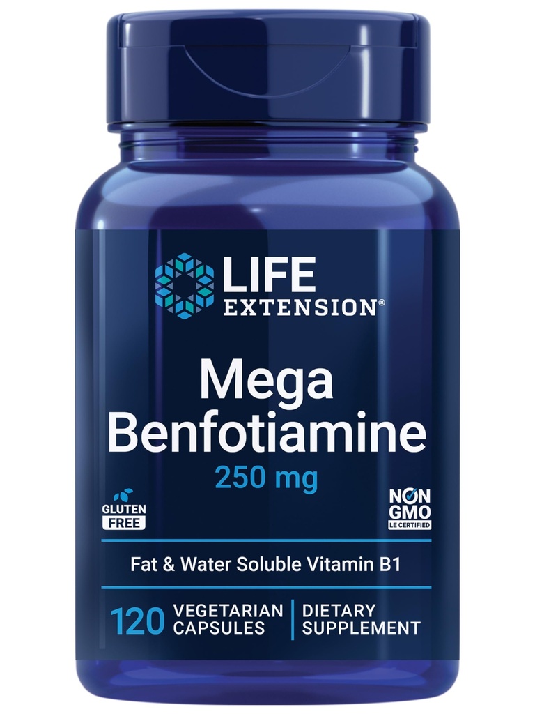 Prolongation de vie Mega Benfotiamine, 250 mg, une forme de graisse-soluble de la thiamine, métabolisme sain, vitamine B1 ultra-biodisponible, haute puissance, sans gluten, non-OGM, végétarien, 120 capsules