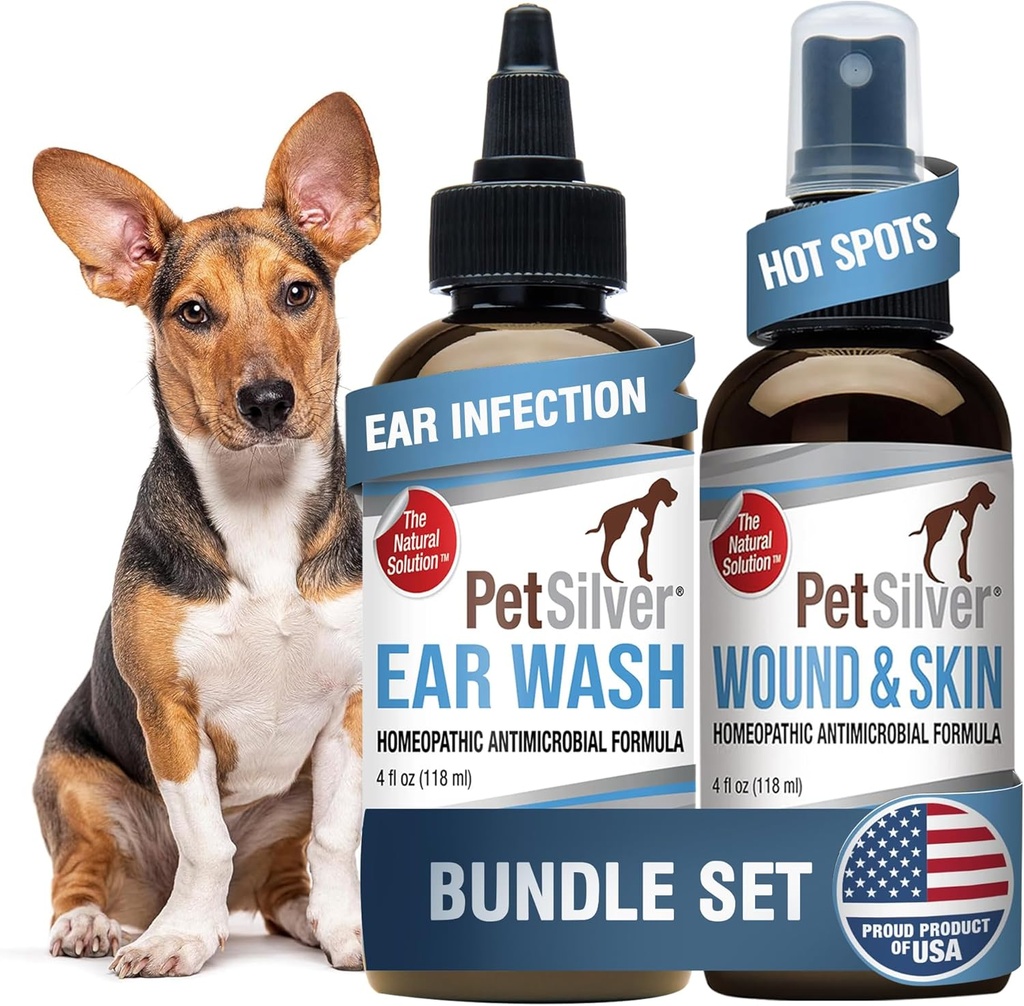 PetSilver - Wound & Skin Spray (4 fl oz) und Ear Wash (8 fl oz) mit patentiertem Chelat Silber - Wound Care, Hot Spot, & Itch Relief Spray - Ohr Reiniger & Behandlung für Katzen und Hunde - Made in USA