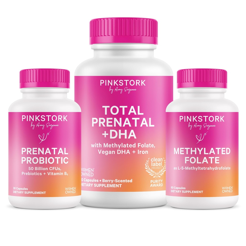 Pink Stork Total Prenatal, Probiotic & Methyl Folate – Schwangerschaft Wellness Bundle