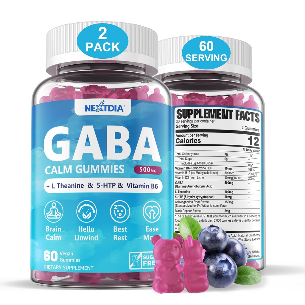 GABA Gummies 500 mg - Gummie calma senza zucchero con L Theanine, 5-HTP, Vitamine D3, B12, Ashwagandha, Melatonina-Free per il cervello Calma, Mood, Zzz Better, GABA Supplemento per Adulto, Mirtillo Aroma, Vegan