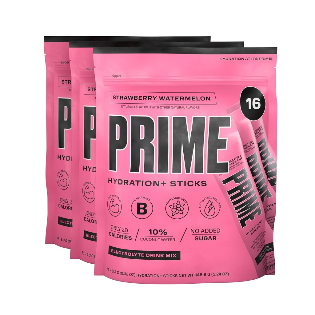 PRIME HYDRATION+ Sticks Anguria di fragole | Polvere di idratazione Stick singoli | Polvere di elettrolito sul Go | Basso zucchero | Caffeina-Free | Vegan | 48 Sticks