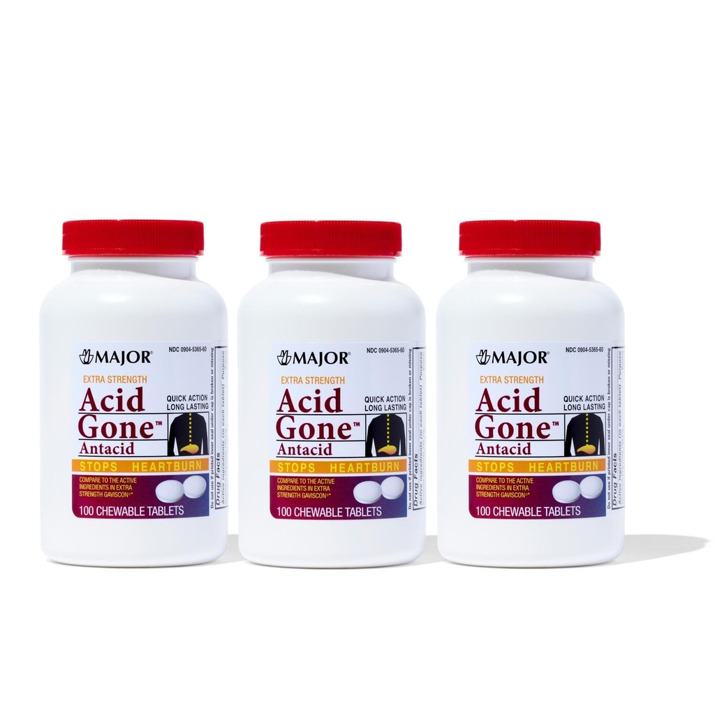 Acido maggiore Gone Extra Forza Antacid Chewable Tablets - Anti-Acid Relief - Acid Reflux Medicine for Adults - Upset Stomach, Acid Indigestion, and Heartburn Relief - Long-Lasting - 100 Count (3 Pack)