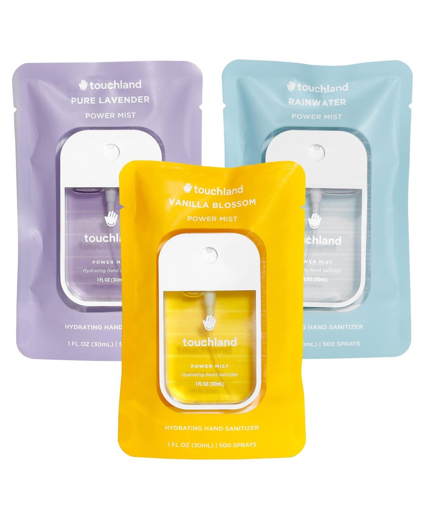 Touchland Power Mist Hydrating Hand Sanitizer Spray, ensemble de trios BLOSSOM (Lavande, Vanille, Eau de pluie), 1 FL. OZ. Taille de voyage (ensemble de 3)