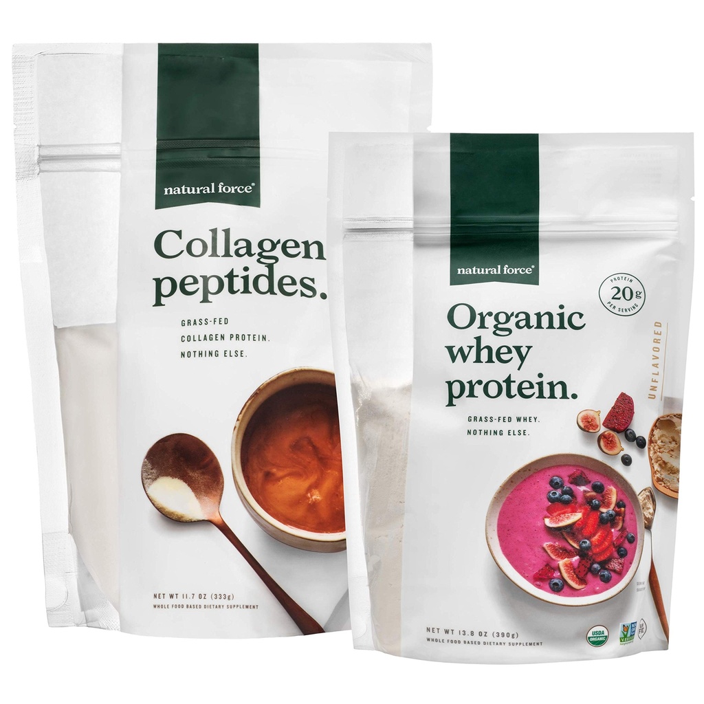 Peptidi di collagene di erba naturale Clean, Peptidi di collagene di erba naturale + unflavored Organic Whey Protein Bundle – Organico, Non OGM Whey Protein & Hydrolyzed Tipo I e III Collagen – 13.8 Ounce Bag e 11.7 Ounce Bag