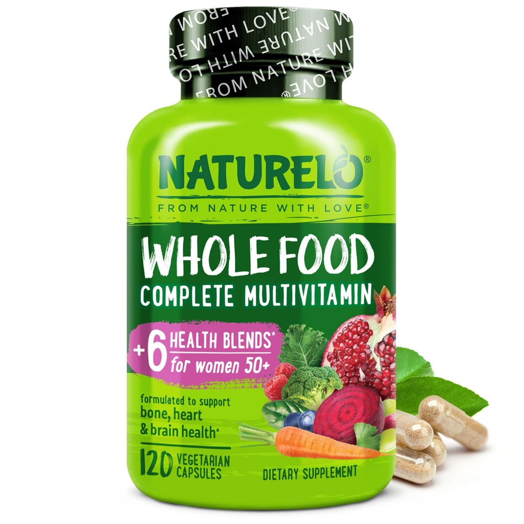 NATURELO Multivitamine d'aliments entiers pour femmes 50+ (sans fer) avec vitamines, minéraux et extraits organiques - Supplément pour femmes ménopausées post-ménopausées plus de 50 - Pas d'OGM - 120 Capsules de végétalien