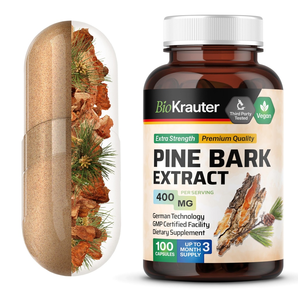 BIO KRAUTER Pine Bark Extrakt Kapseln 400 mg - 100 Count - Antioxidante Ergänzung - 95% Proanthocyanidine - Pine Bark Supplement - Vegan, keine Füllstoffe