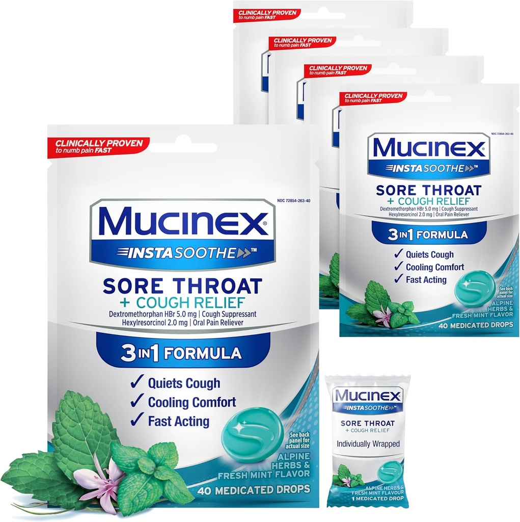 Mucinex InstaSoothe Sore Throat + Cough Relief Alpine Kräuter & Mint Flavor, Fast Acting, Cooling Comfort, Powerful Sore Throat Oral Pain Reliever, 40 Medicated Drops (40 Graf (Pack von 5))