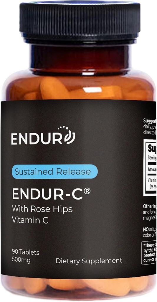 Endur ENDUR-C Vitamina C con HIPS Rose, Supporta la produzione di collagene, Protezione antiossidante e digestione delicata, senza glutine, 500 mg (90 compresse)