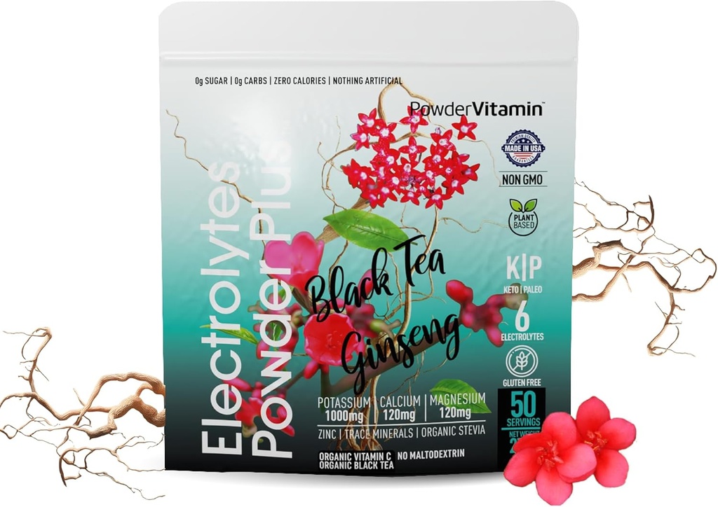 PowderVitamin Elektrolyte Pulver Plus (50 Servierungen) Schwarzer Tee Ginseng Elektrolyt Pulver Keto, Zuckerfrei, Rosa Himalaya Salz, 1000mg Kalium, 120mg Calcium, 120mg Magnesium, Hydration Pulver