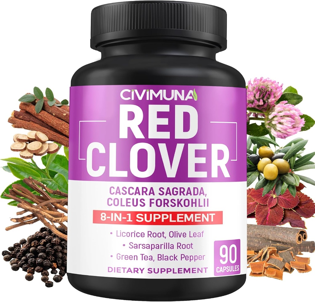 Capsules de trèfle rouge avec trèfle rouge, Cascara Sagrada Bark, Coleus Forskohlii - 90 capsules pendant 3 mois