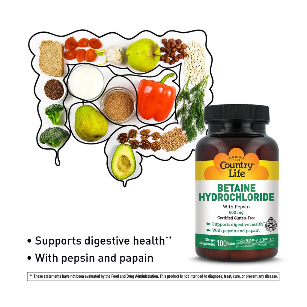 Country Life Betaine Hydrochlorid mit Pepsin, 600mg, 100 Tabletten, zertifizierter Glutenfrei