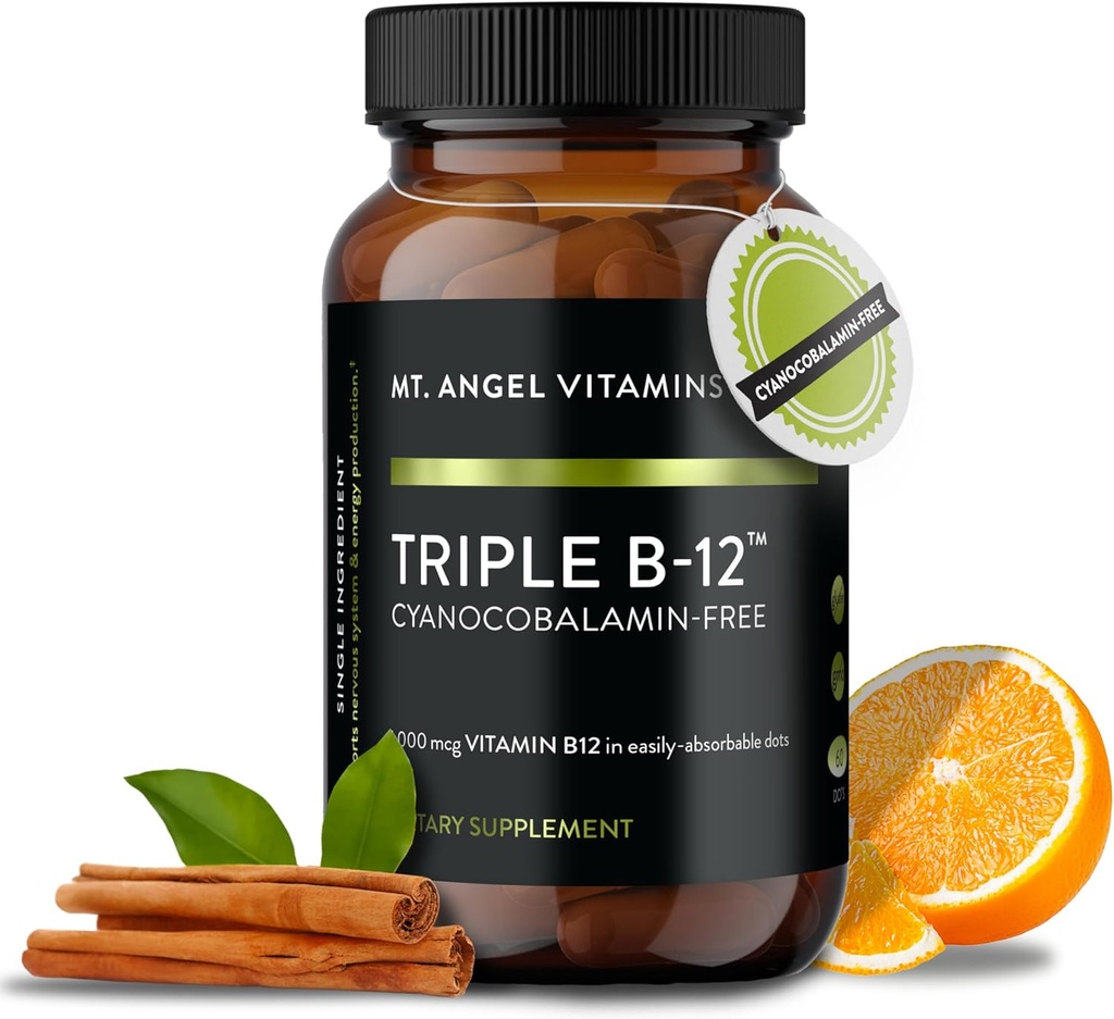 Vitamines du Mt. Angel - Triple B-12 Points à dissolution rapide, mélange de méthylcobalamine, d'adénosylcobalamine et d'hydroxocobalamine, soutient l'énergie et la santé du système nerveux – 60 points