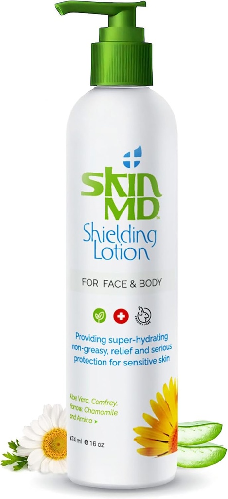 Lozione schermatura MD - Lozione corpo idratante per pelle sensibile | Moisturizzatore non grasso, rapido assorbente con ingredienti vegetali | per pelle secca, Eczema & Psoriasis Relief - Dispenser 16oz