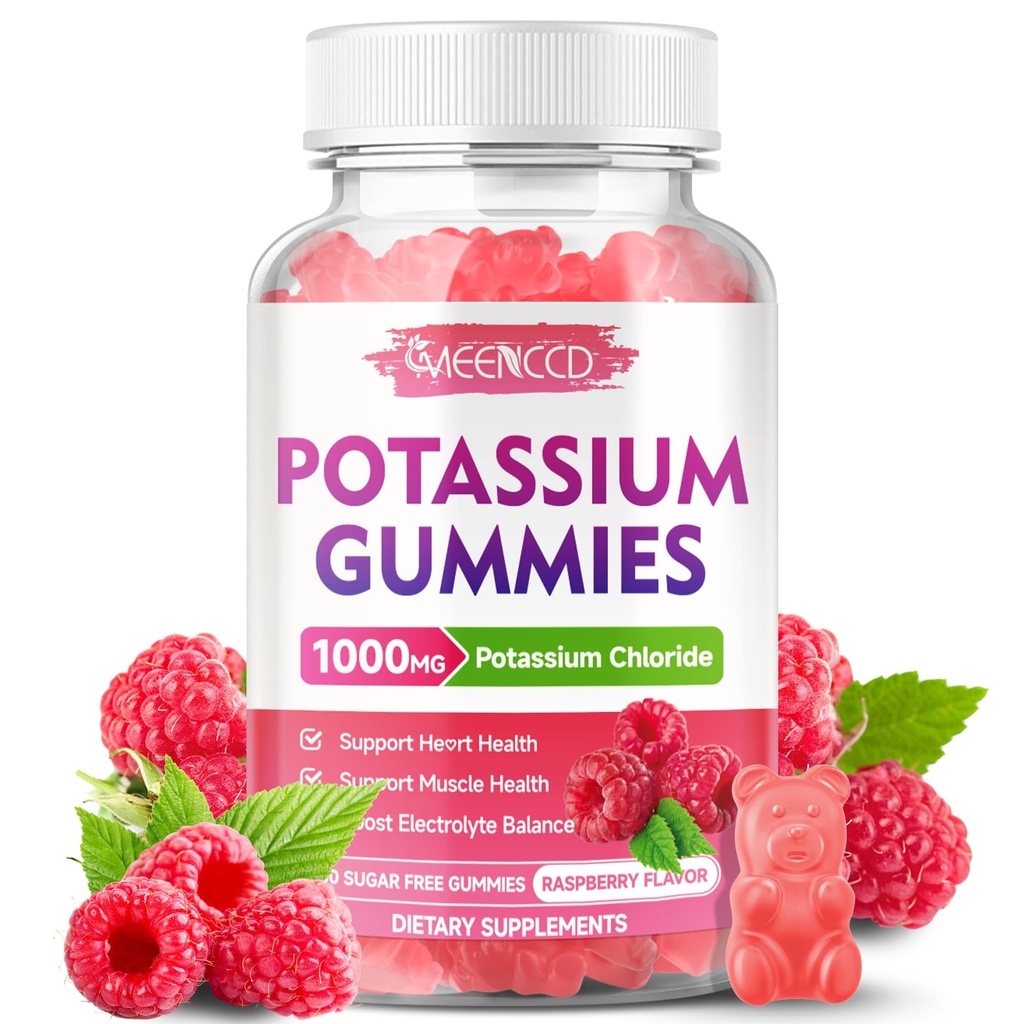 Gommies de potassium, Chlorure de potassium 1000mg pour les adultes, Supplément de potassium sans sucre Gommies de soutien Électrolyte Balance & Crampes de jambes pour les femmes et les hommes, Flaveur de framboises, 60 comte