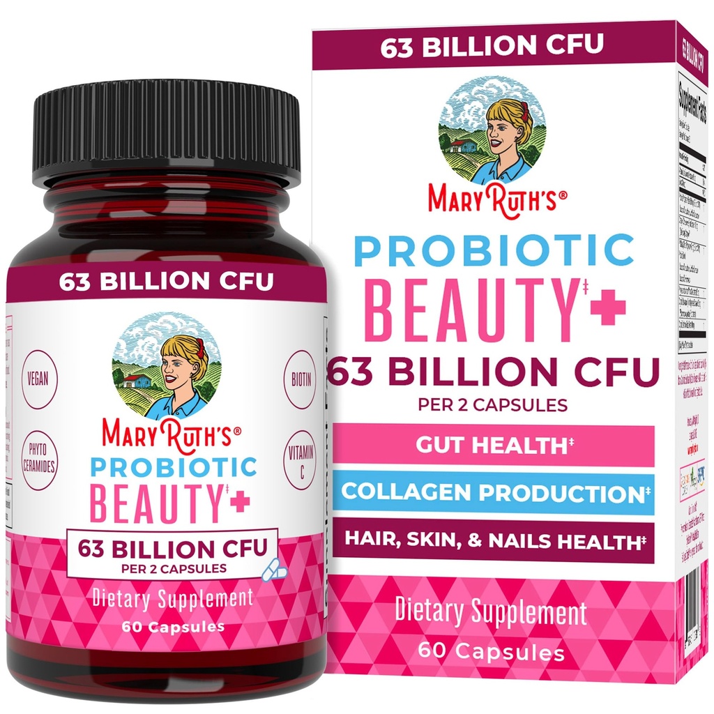 MaryRuth Organics Probiotic Beauty Capsules | Vegan Collagen Support | Anti Aging | Gut Health | Hair Skin and Nails Vitamins | Skin Care | Biotin | Progetto Non OGM verificato | 60 Count