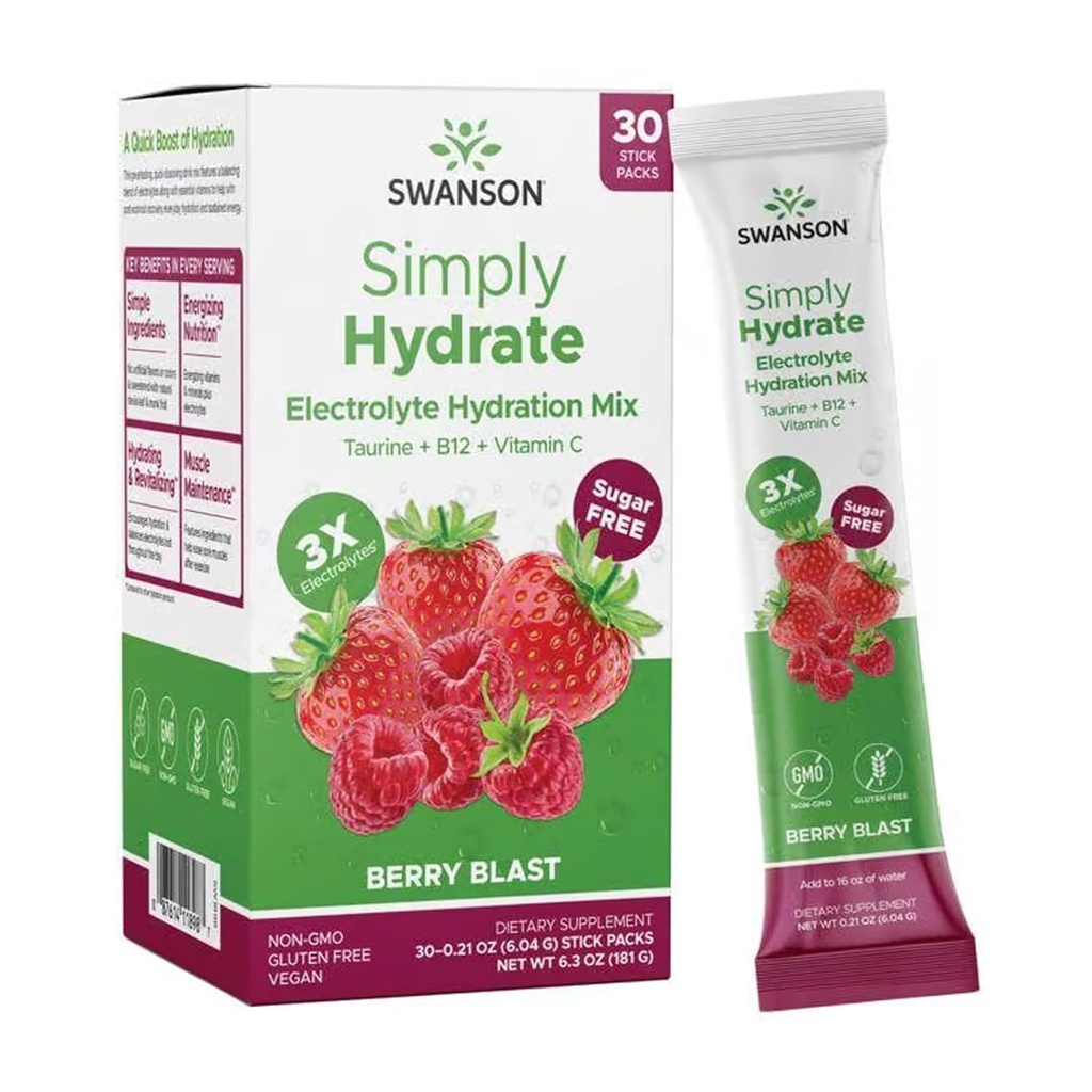 Swanson Semplicemente Hydrate Electrolyte Powder Mix - Miscela di bevanda senza zucchero con 0 Calorie - Polvere di idratazione conveniente On-The-Go - Miscela di bevanda elettrolitica avanzata - Aroma di berretto - 30 Confezioni