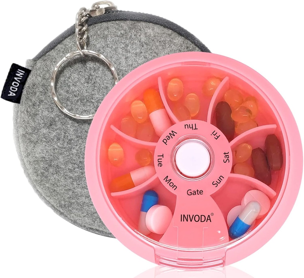 INVODA Weekly Pill Organizer 7 Compartment Rotating Pill Box for Daily Medication & Vitamins - Portable Travel Pill Case Fish Oil Supplements Vitamins Organizer (Pink+Bag)