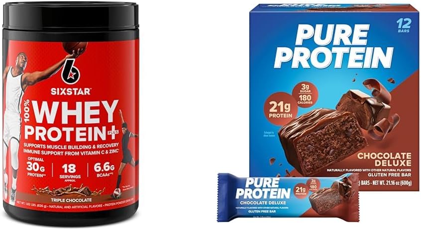 Six Star Elite 100% Whey Protein Plus Triple Chocolate 1.8lbs und Pure Protein Chocolate Deluxe Protein Bars 12 Count Pack