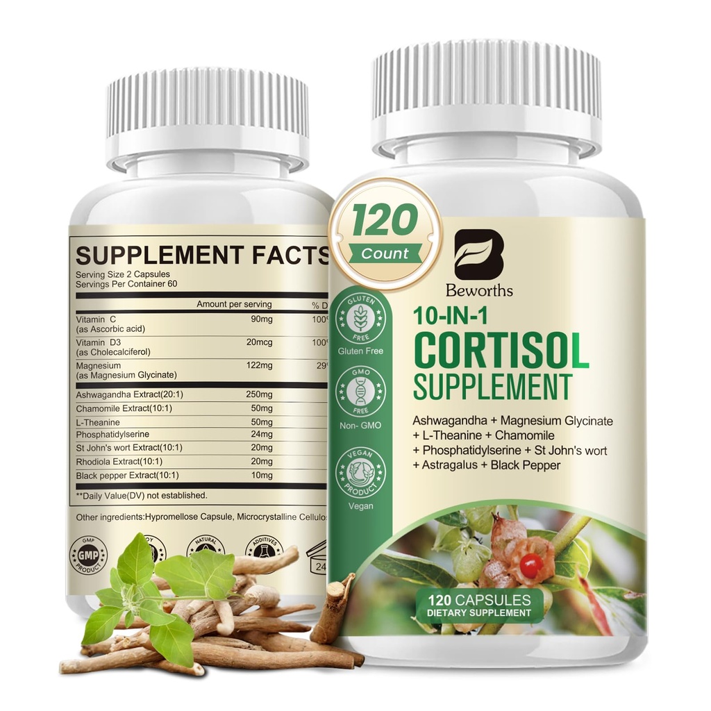 Integratori di Cortisol per Uomini Donne, Detox Cortisol 10 in-1 con Ashwagandha, Magnesio, L-teanina, Livelli di Cortisol Equilibrati, Supporto Notturno e Calma, 120 Capsule Vegani